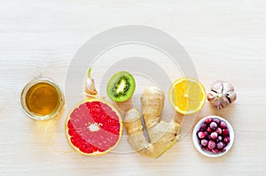 Top view on healthy products and citrus fruits for Immunity boosting