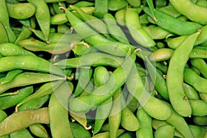 Top View of Heap of Fresh Green Soybean or Edamame selling in the Market