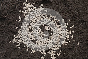 Top view of heap granulated chicken manure on black soil. Eco home gardening concept