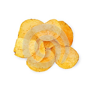 Top view of heap of potato chips on white bsckground