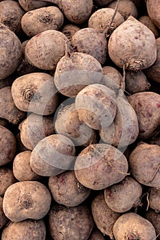 Top view heap of raw red beets in supermarket, organic healthy vegetables pattern and natural agricultural background with