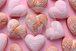 Top view of heart-shaped bun cookies. Heart as a symbol of affection and