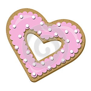 Top view of heart shaped cookie covered with pink icing isolated on white background.