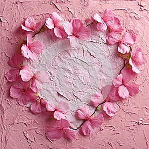 Top-view,Heart-Shaped Paper and Pink Blossoms on Textured Background,a romantic and crafty feel,Generated AI