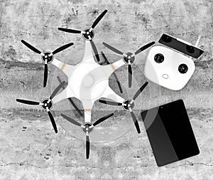 Top view of hexacopter, remote controller and tablet PC.