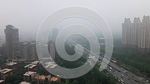 Top view highway with severe air pollution, Beijing, China