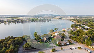 Top view historic Granbury downtown towards West US Highway 377 lush green neighborhood