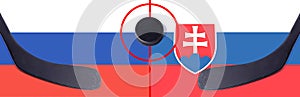 Pohled shora hokejový puk s velením Rusko vs. Slovensko s holemi na vlajce. Koncepce hokejových soutěží