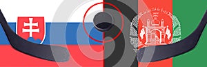Top view hockey puck with Slovakia vs. Afghanistan command with the sticks on the flag. Concept hockey competitions