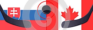 Pohled shora hokejový puk s velením Slovensko vs. Kanada s holemi na vlajce. Koncepce hokejových soutěží