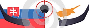 Pohled shora hokejový puk s velením Slovensko vs. Kypr s holemi na vlajce. Koncepce hokejových soutěží