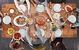 Top view, holiday dinner and thanksgiving table in social home, house or restaurant with festive food. Above, dining