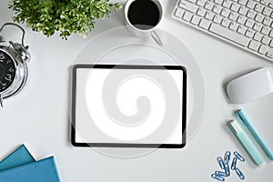 Top view home office digital tablet hero header template