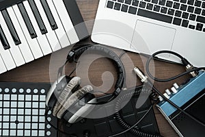 Top view of home studio music production equipment photo