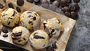 Top view homemade chocolate chip cookies on black table background. Less sugar foods for health