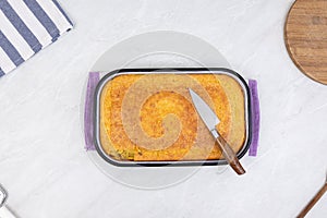 Top view of Homemade cornbread in the baking tray