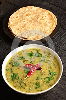 Top view Homemade Dal curry and palak served with chapathi