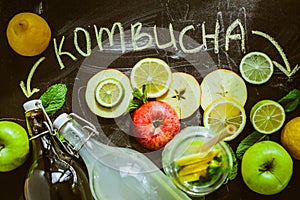Top view on homemade Kombucha with fruits