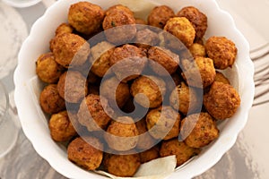 Top view of homemade meatballs, balls stuffed with meat fried with oil