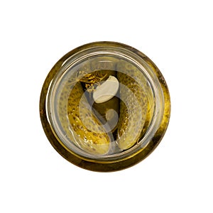 Top View Homemade Pickled Gherkins in a Glass Jar