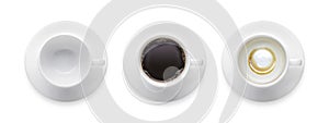 Top view - hot black coffee cup, empty coffee cup, 3 style coffee cup isolate on white background with clip path.