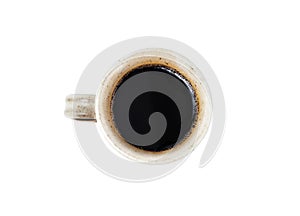 Top view of Hot coffee Brown ceramic coffee mug  isolated on white background. Clipping path