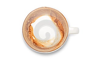 Top view of hot coffee cappuccino cup isolated on white background. with clipping path