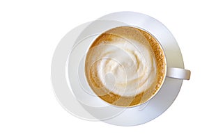 Top view of hot coffee cappuccino cup with milk foam isolated on