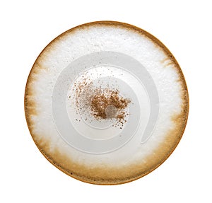 Top view of hot coffee cappuccino foam isolated on white backgrod, clipping path included