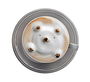 Top view hot coffee cappuccino latte art 3D bear shape foam in gray ceramic cup isolated on white background, path