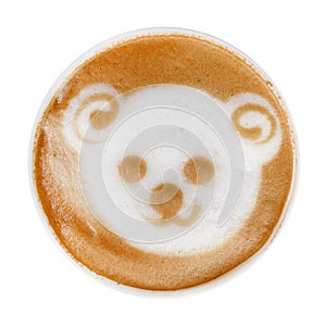 Top view of hot coffee cappuccino latte art bear shape foam isolate on white background, path