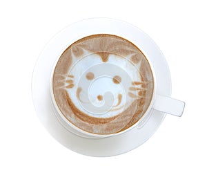 Top view hot coffee cappuccino latte art cat cartoon shape foam in ceramic cup isolated on white background, clipping