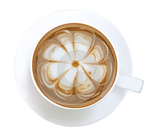 Top view of hot coffee cappuccino latte art flower shape foam isolated on whi