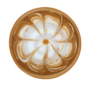 Top view of hot coffee cappuccino latte art flower shape foam isolated on white background, path