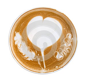 Top view of hot coffee cappuccino latte art heart shape foam isolated on white background, path