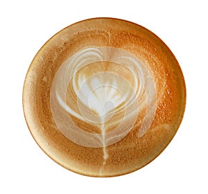 Top view of hot coffee cappuccino latte art heart shape foam isolated on white background, path