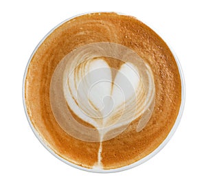 Top view of hot coffee cappuccino latte art heart shape foam isolated on white background, path