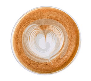 Top view of hot coffee cappuccino latte art heart shape foam isolated on white background, path