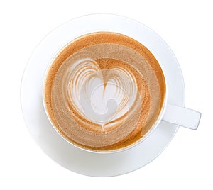 Top view of hot coffee cappuccino latte art heart shape foam isolated on white background, path