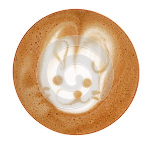 Top view of hot coffee cappuccino latte art rabbit shape foam isolated on white background, path