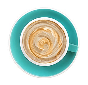 Top view of hot coffee cappuccino latte spiral foam in emerald green color cup isolated on white background, clipping path