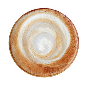 Top view of hot coffee cappuccino spiral foam isolated on white