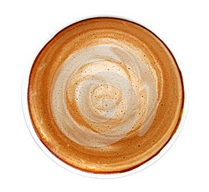 Top view of hot coffee cappuccino spiral foam isolated on white background, path