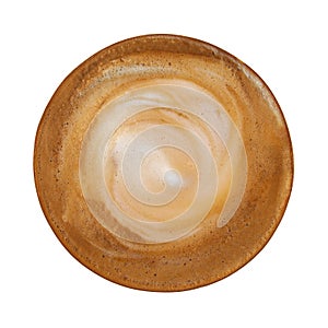 Top view of hot coffee cappuccino with spiral milk foam texture
