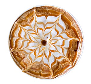 Top view of hot coffee latte art caramel flower shape foam isolate on white background, path