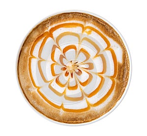 Top view of hot coffee latte art foam isolated on white background, clipping path included