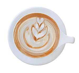 Top view of hot coffee latte art isolated on white background, c photo