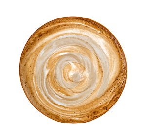 Top view of hot coffee latte cappuccino spiral foam isolated on