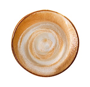 Top view of hot coffee latte cappuccino spiral foam isolated on white background, path