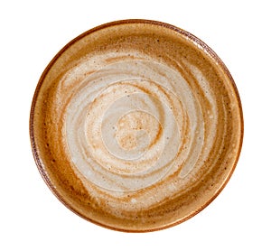 Top view of hot coffee latte cappuccino spiral foam isolated on white background, path